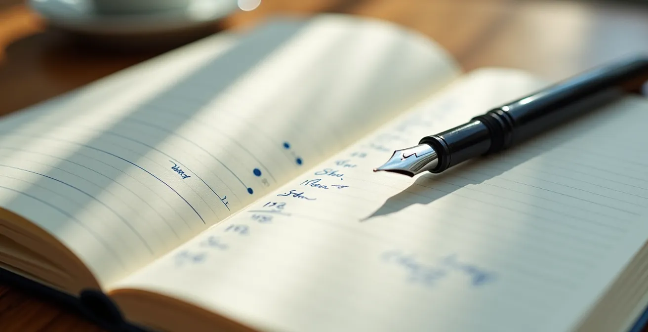 Nahaufnahme eines handgeschriebenen Meditationstagebuchs mit Stift