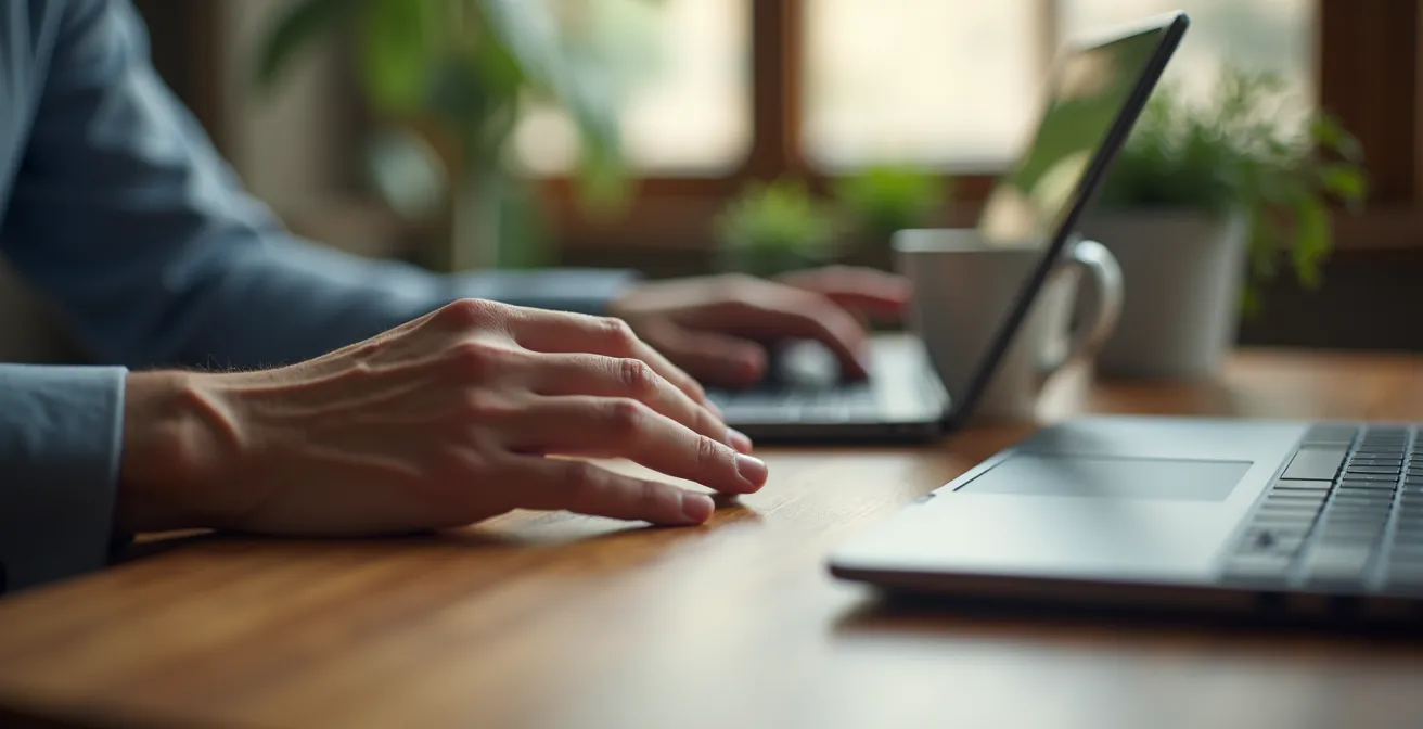 Nahaufnahme von Händen auf Bürotisch mit verschiedenen Texturen während diskreter Achtsamkeitsübung