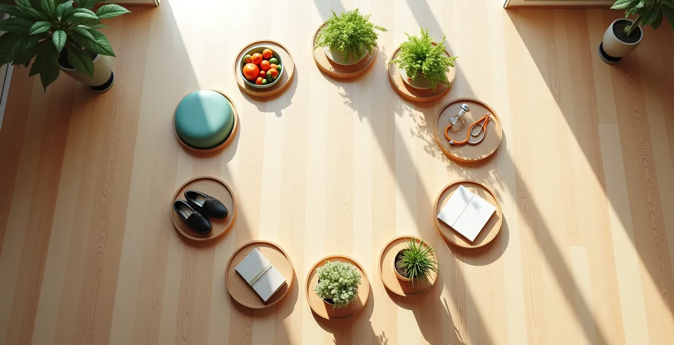 Visuelle Darstellung der acht Gesundheitssäulen als interaktives Bewertungssystem