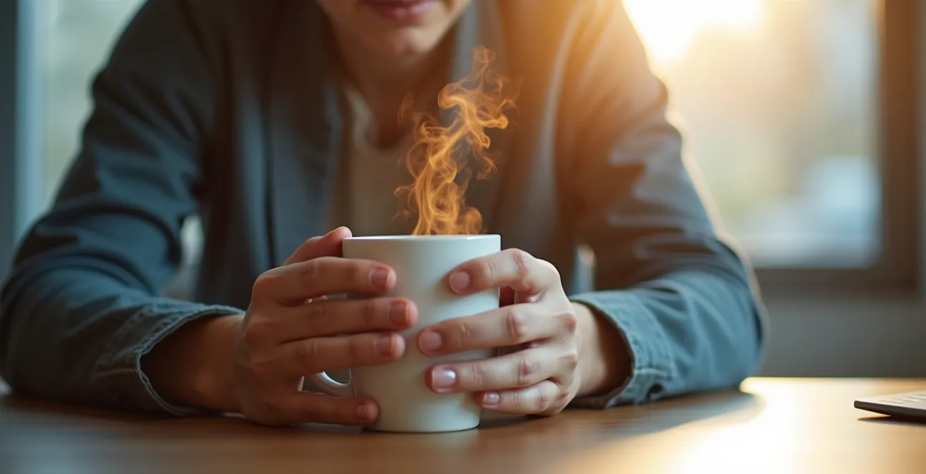Hände halten Teetasse in ruhiger Büroumgebung mit Fokus auf achtsamen Moment