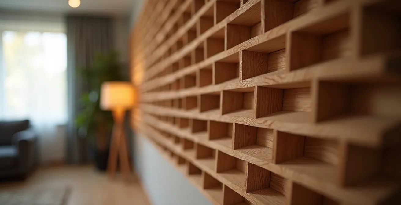 Moderne Akustikpaneele aus Holz an einer Wohnzimmerwand, die den Schall absorbieren und für eine ruhige Atmosphäre sorgen.