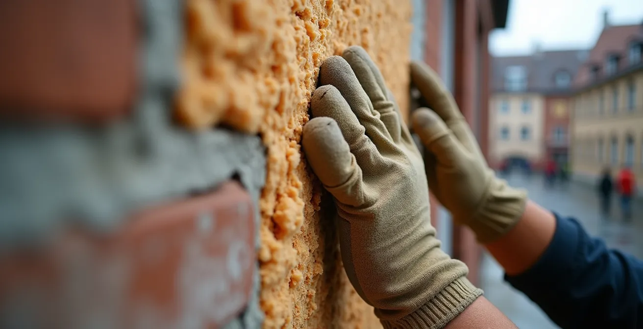 Handwerker bringt Dämmung an Altbaufassade an