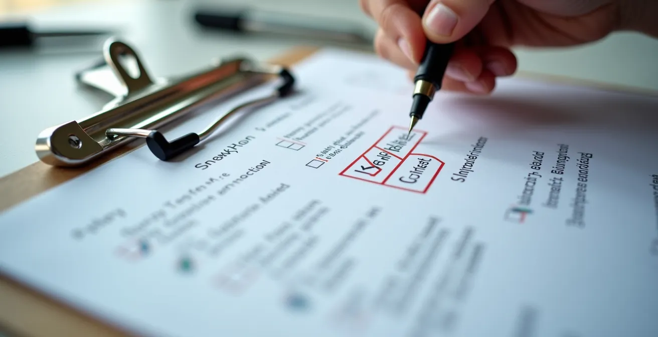 Detailaufnahme eines Abnahmeprotokolls mit Checkliste und Prüfmarkierungen auf deutscher Baustelle