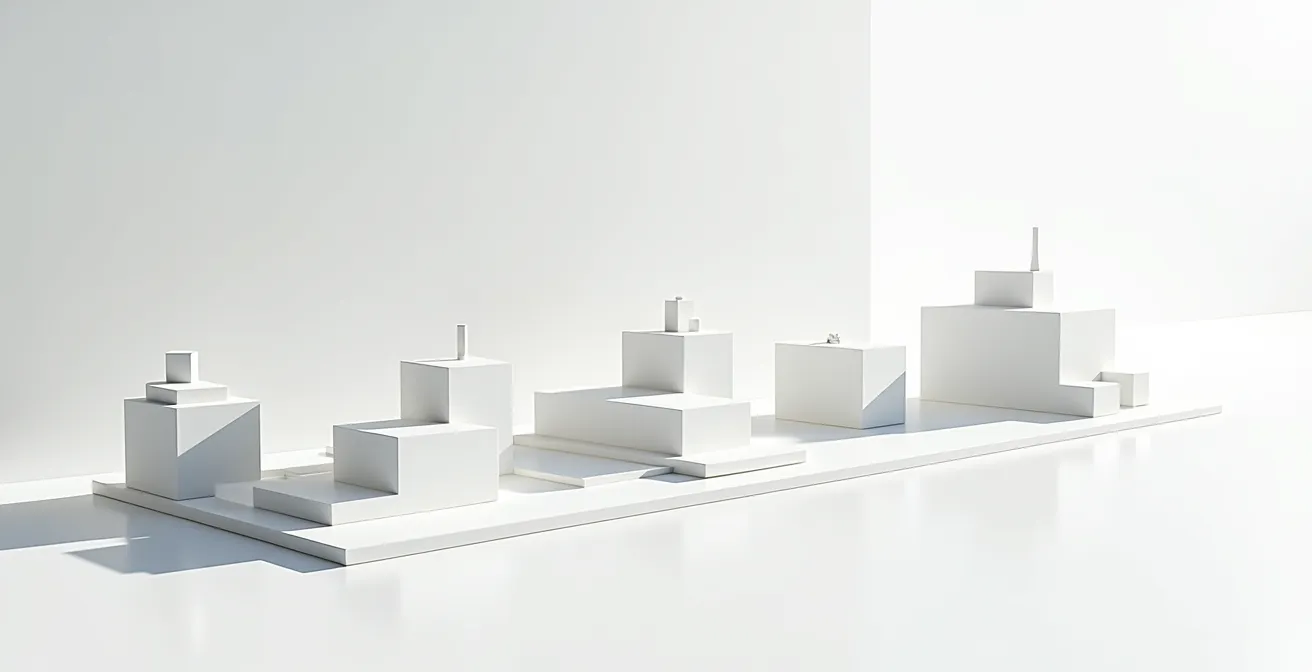 Architektonisches Modell zeigt die Entwicklungsphasen eines Bauprojekts von der Planung zur Fertigstellung