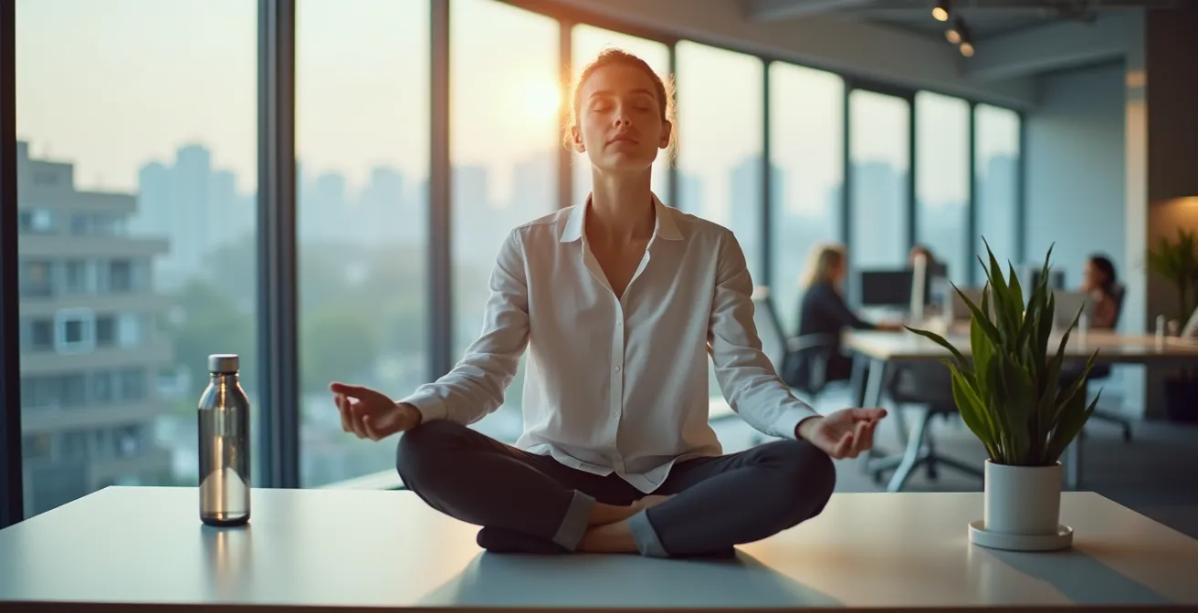 Person praktiziert diskrete Atemübung am modernen Büroarbeitsplatz