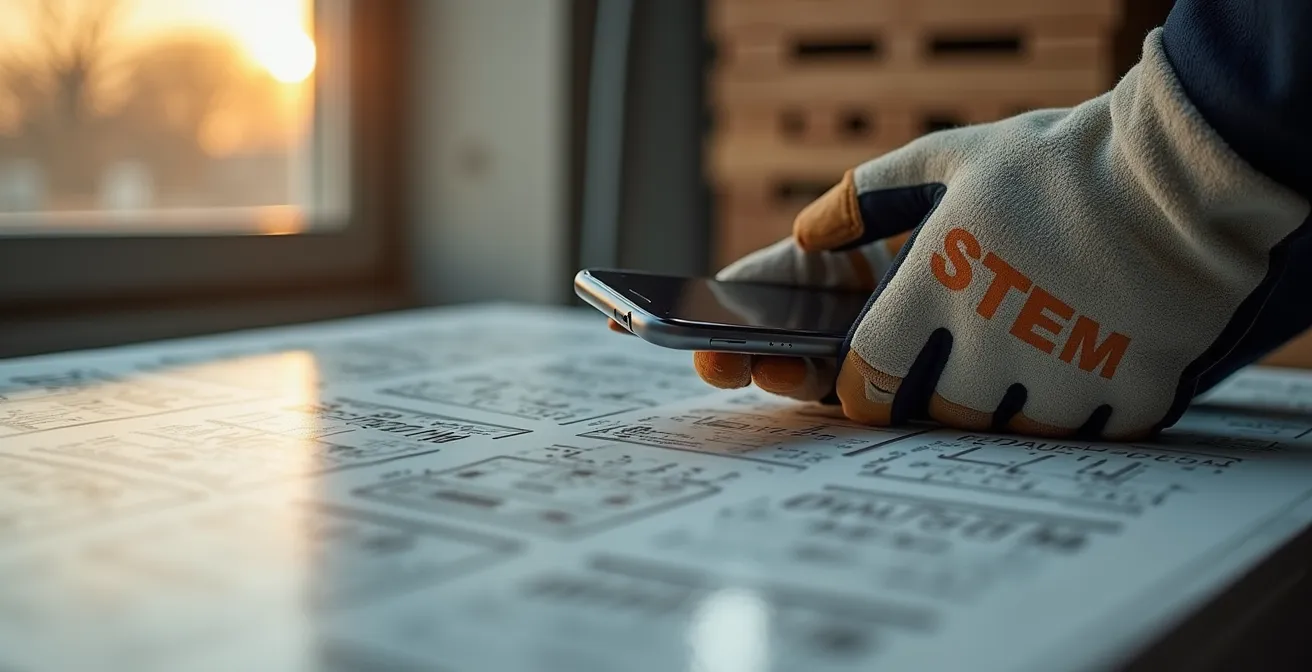 Hand mit Smartphone scannt QR-Code auf Bauproduktverpackung zur Zertifikatsprüfung