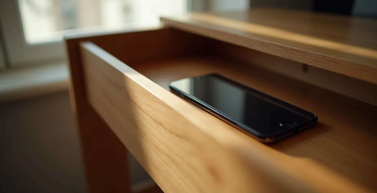 Smartphone in Holzschublade verstaut für digitale Auszeit