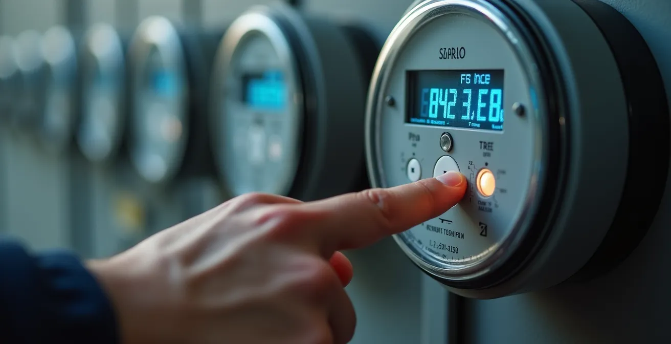 Nahaufnahme einer Hand beim Ablesen eines modernen digitalen Stromzählers mit PIN-Eingabe