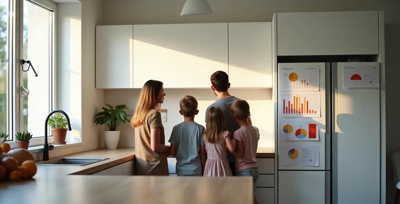 Familie betrachtet bunte Verbrauchsdiagramme am Kühlschrank-Dashboard