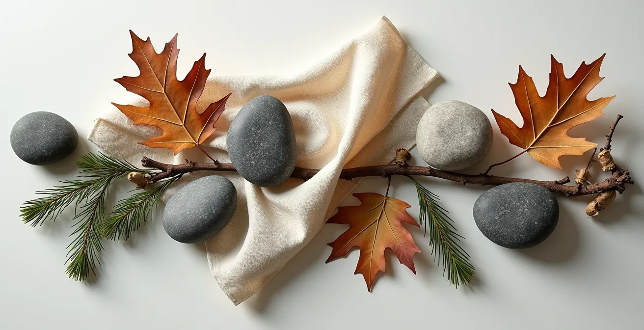 Eine harmonische Farbpalette, inspiriert von deutschen Landschaften, dargestellt durch eine Anordnung von Steinen, Blättern und Stoffen.