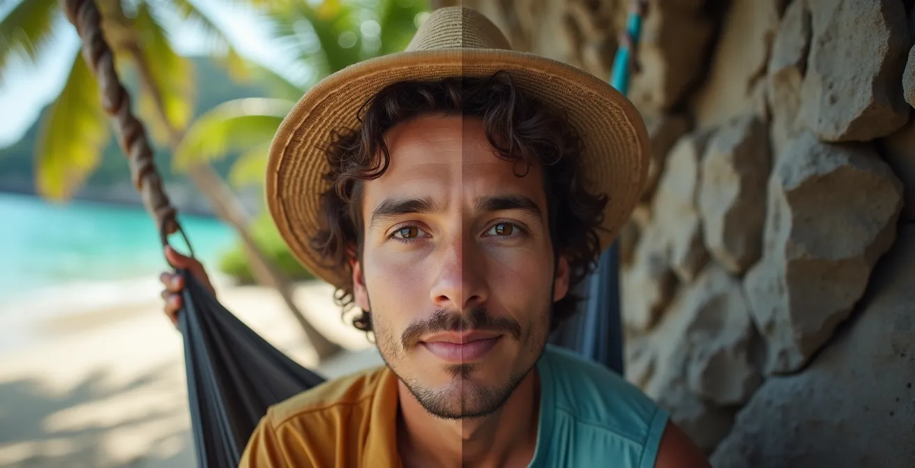 Visuelle Darstellung des Flow-Kanals, der die Balance zwischen Komfort (Hängematte) und Herausforderung (Bergsteigen) beim Reisen zeigt.