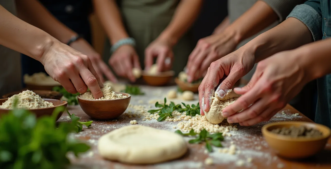 Hände verschiedener Generationen bereiten gemeinsam traditionelle Speisen zu