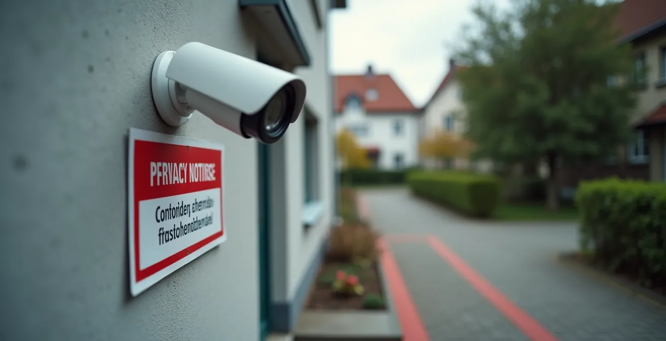 Korrekte Installation einer Überwachungskamera mit Datenschutz-Hinweisschild