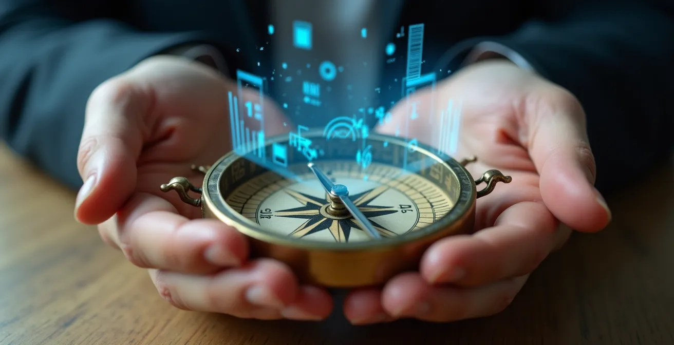 Symbolische Darstellung der Karriereüberprüfung mit einem Kompass und holographischen Metriken.