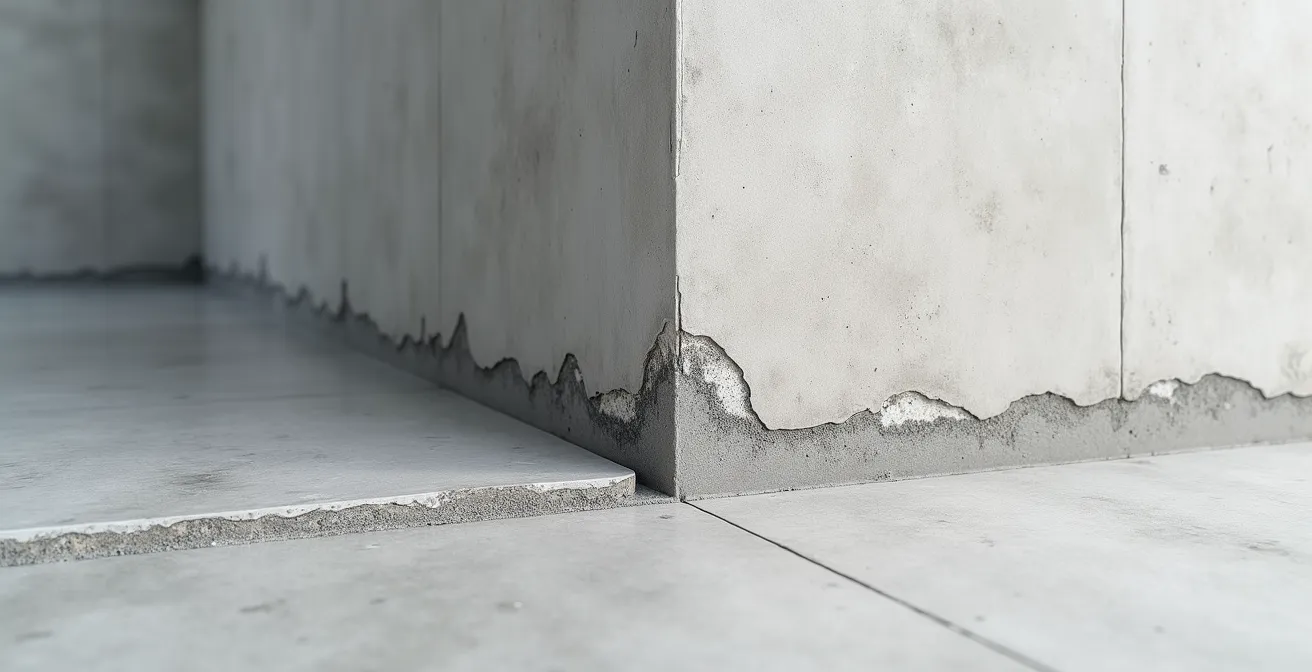 Nahaufnahme der Hohlkehle zwischen Bodenplatte und Kellerwand mit professioneller Abdichtung