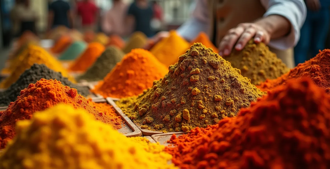 Makroaufnahme von farbenfrohen, exotischen Gewürzen auf einem traditionellen Markt, die das Abenteuer der kulinarischen Erkundung symbolisiert.