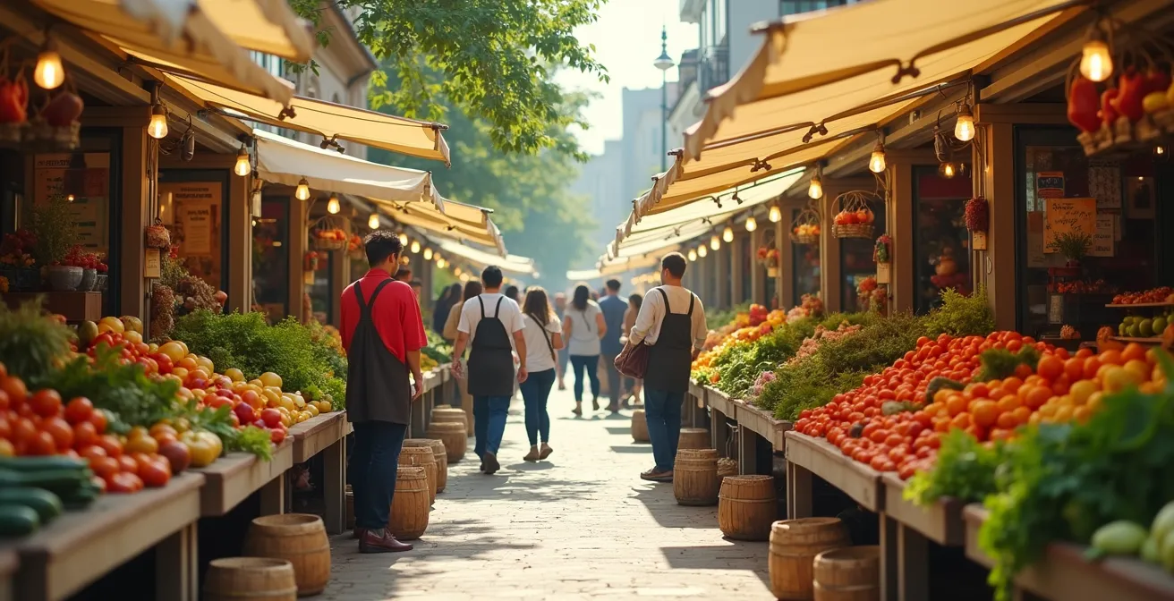 Lebendiger lokaler Markt mit frischen regionalen Produkten und Händlern im Gespräch