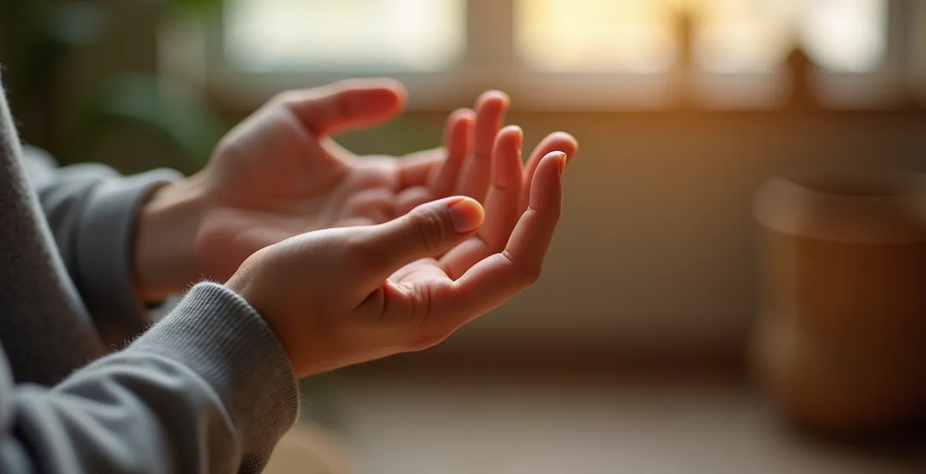 Makroaufnahme von ruhigen Atemzügen und meditativer Handhaltung