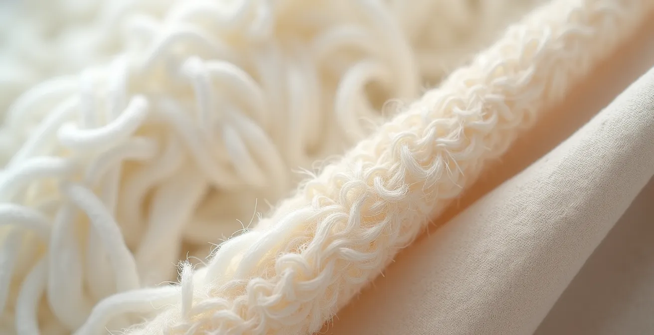 Makroaufnahme verschiedener nachhaltiger Textilfasern wie Baumwolle, Tencel und recyceltes Polyester