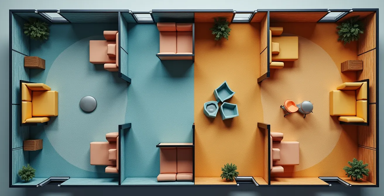 Draufsicht auf ein zoniertes Bürolayout mit farbcodierten Arbeitsbereichen