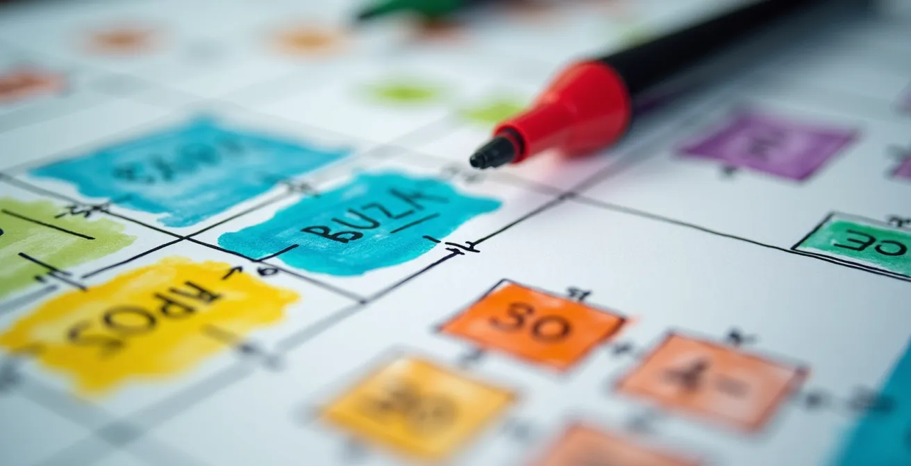 Makroaufnahme von Planungsdokumenten mit farbigen Markierungen für OKR-Prozess