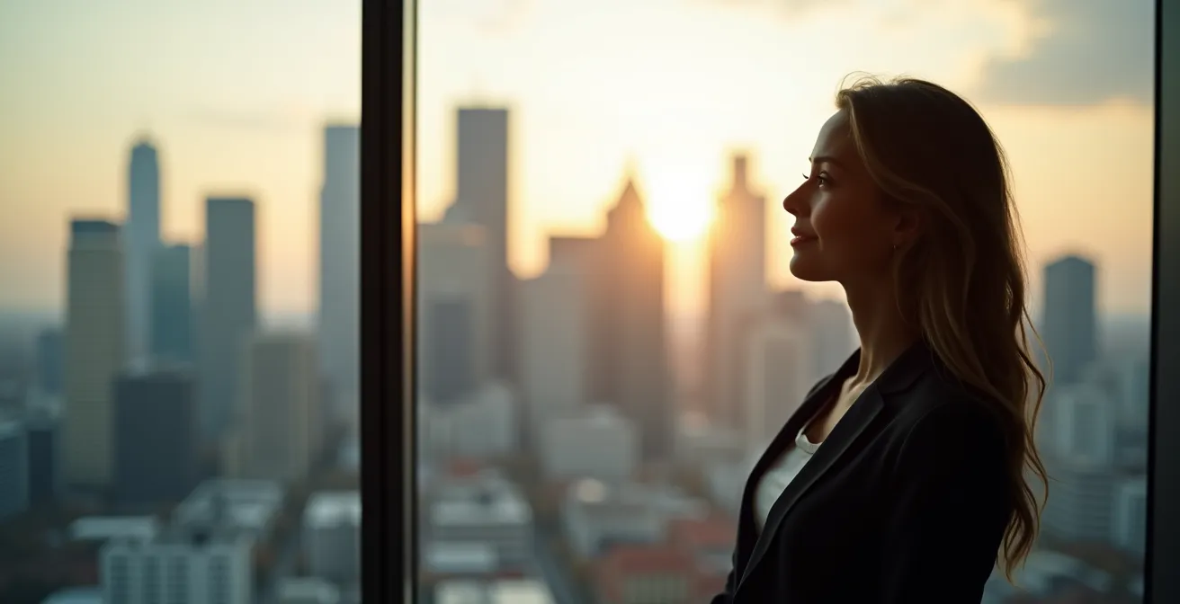 Führungskraft blickt aus Bürofenster mit erweiterter peripherer Wahrnehmung