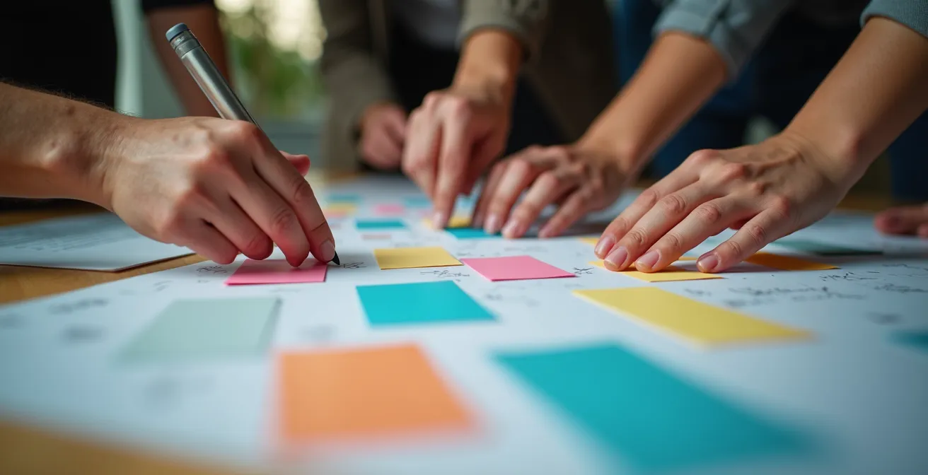 Nahaufnahme von Händen beim Arrangieren farbiger Karten auf einem Planungstisch