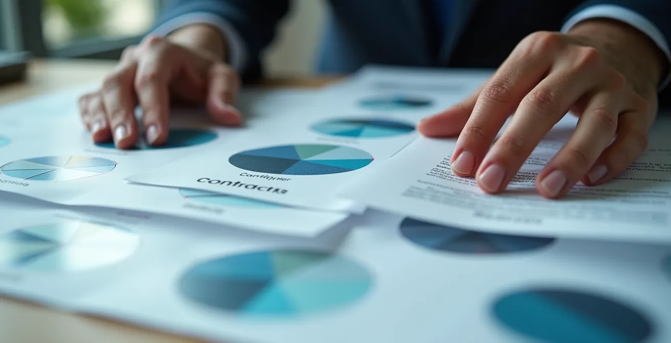 Nahaufnahme von Händen die zwischen verschiedenen Vertragsarten und Dokumenten wählen, symbolisiert die Komplexität der Statusbestimmung
