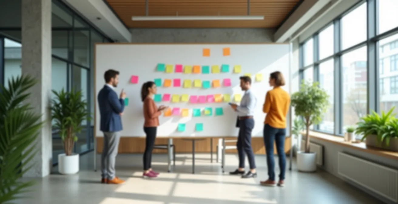 Deutsches KMU-Team arbeitet gemeinsam an einem physischen Scrum-Board mit bunten Notizzetteln