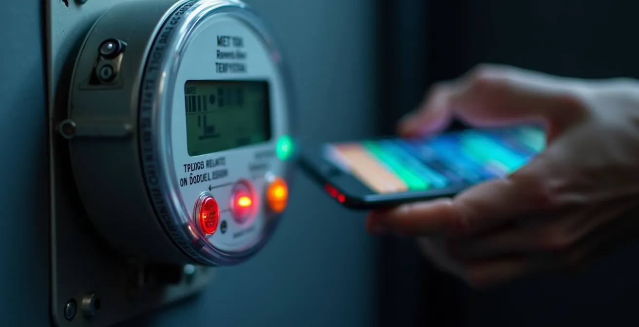 Digitaler Stromzähler mit Auslesekopf und Smartphone-Visualisierung
