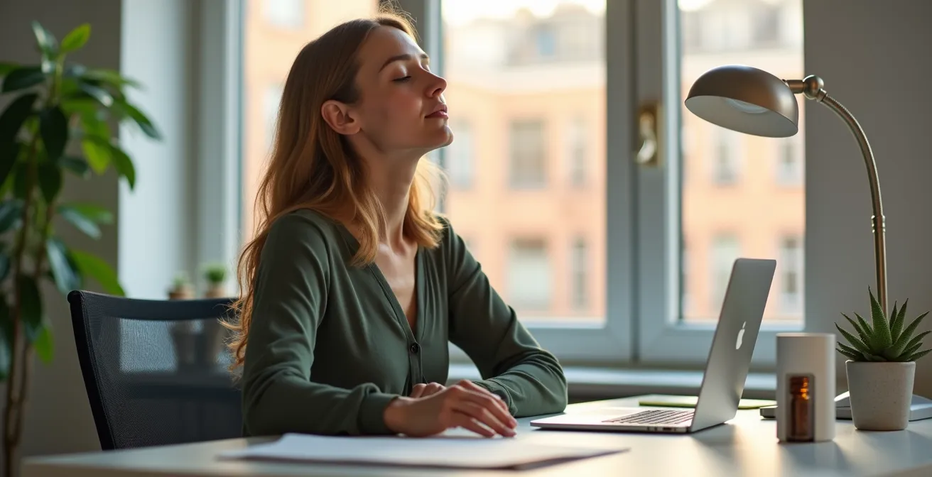 Minimalistischer Arbeitsplatz mit natürlichem Licht und dezenten Wellness-Elementen