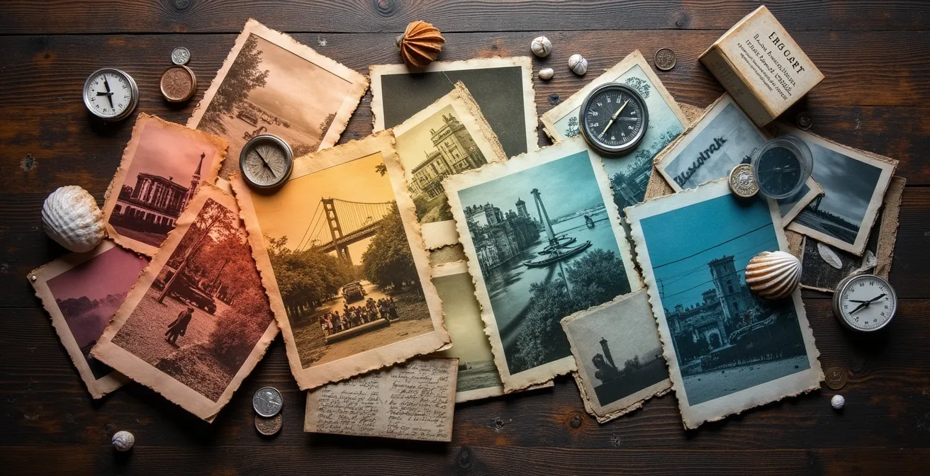 Wissenschaftliche Darstellung der Ebbinghaus-Vergessenskurve mit Reisemotiven, die das Verblassen von Erinnerungen symbolisiert.