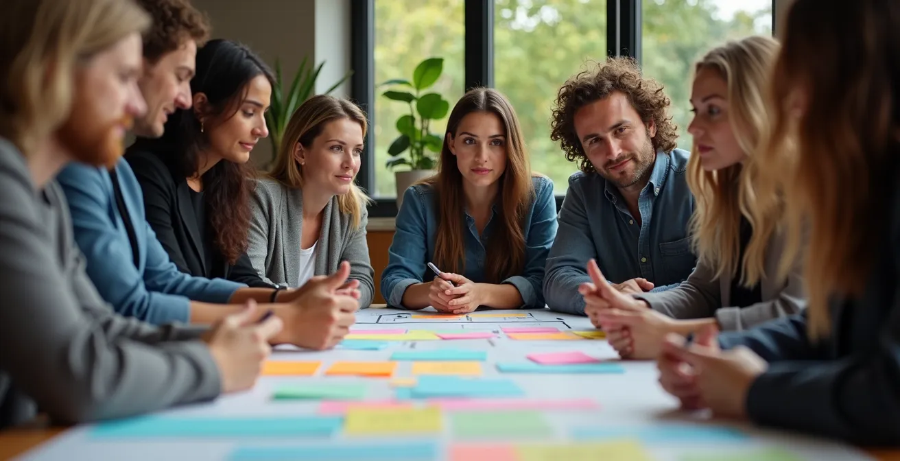 Diverse Führungskräfte arbeiten gemeinsam an Vision-Canvas während eines Workshops