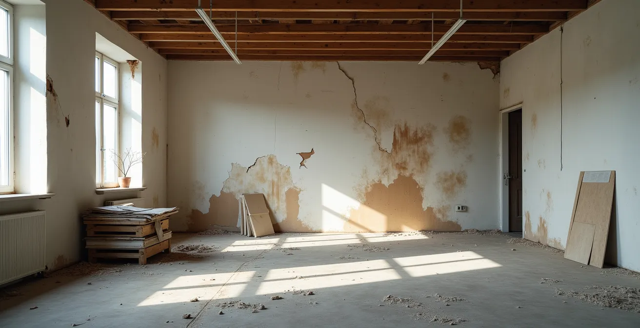 Weitwinkelaufnahme eines Wasserschadens in deutschem Wohngebäude mit Sanierungsarbeiten