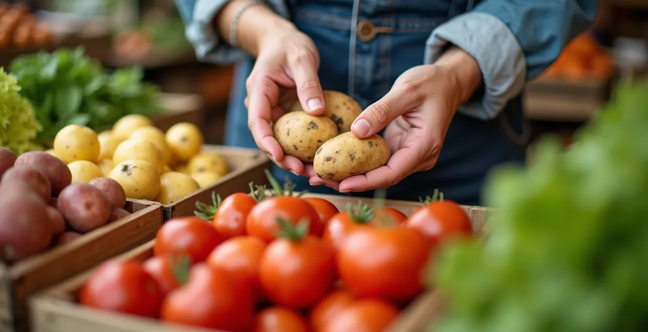 Hände wählen frische regionale Produkte auf deutschem Wochenmarkt aus