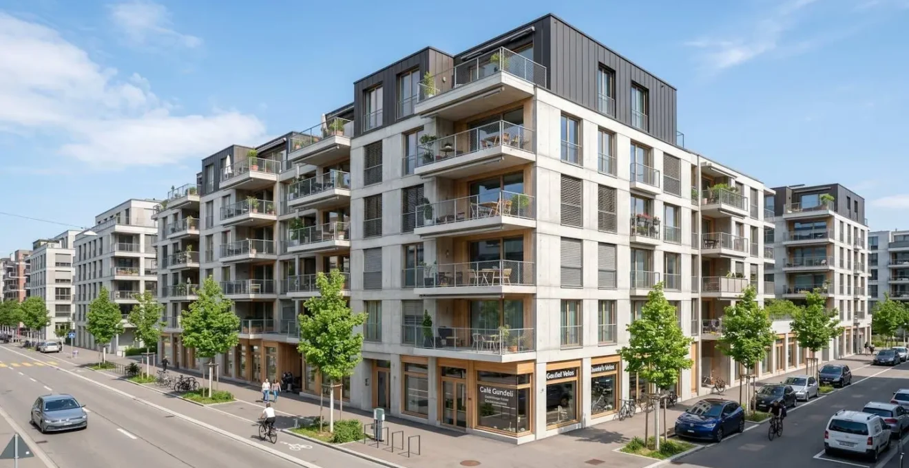 Moderne Wohngebäude im Basler Quartier Gundeldingen mit Balkonen und klarem Himmel, typische zeitgenössische Schweizer Stadtarchitektur