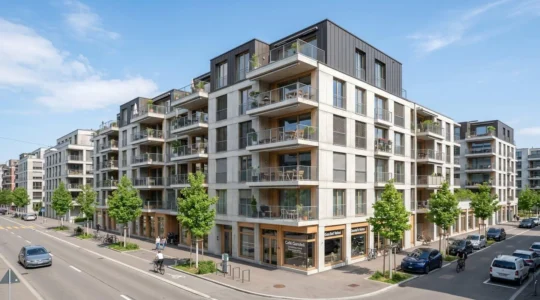 Moderne Wohngebäude im Basler Quartier Gundeldingen mit Balkonen und klarem Himmel, typische zeitgenössische Schweizer Stadtarchitektur