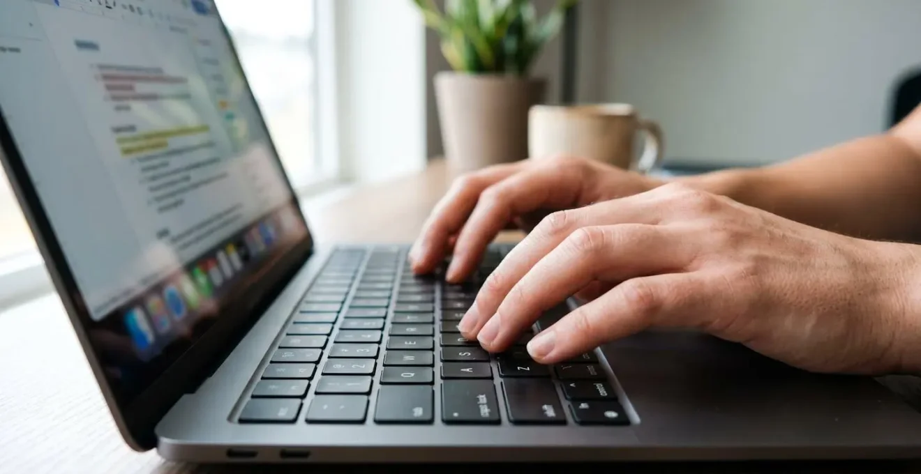 Nahaufnahme von Händen, die auf einer Laptop-Tastatur tippen, unscharfer Bildschirm mit Daten im Hintergrund, helles Tageslicht