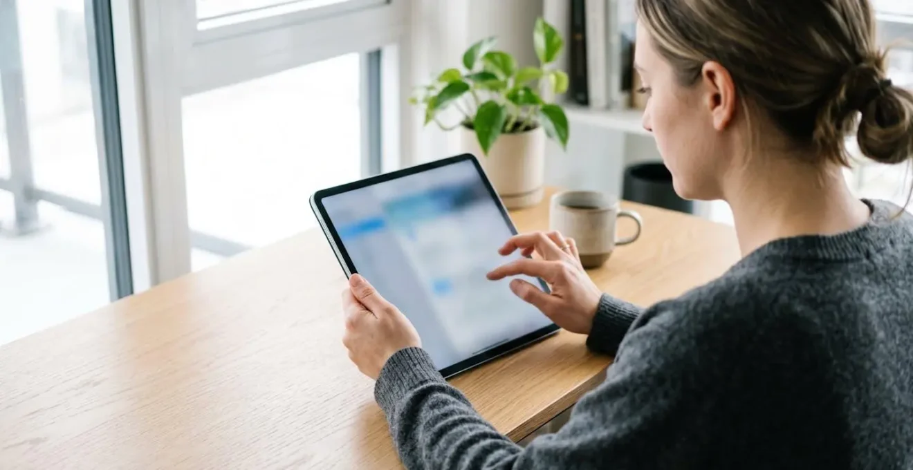 Person im mittleren Alter bedient eine Tablet-Anwendung von hinten fotografiert, konzentrierte Geste beim Navigieren durch Vergleichsdaten
