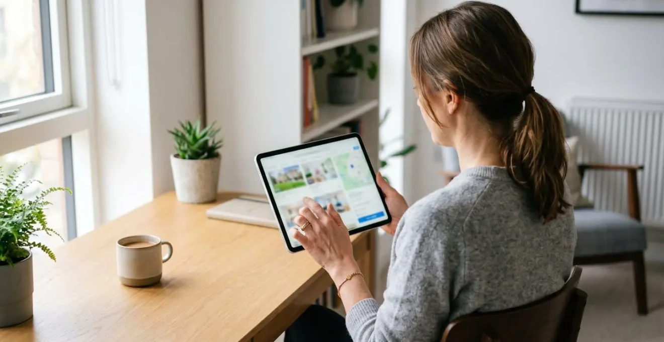 Person im mittleren Alter bedient eine Tablet-Anwendung von hinten fotografiert, konzentrierte Geste beim Navigieren durch Vergleichsdaten